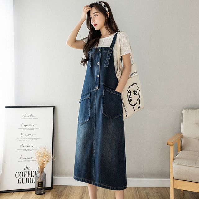 Elvik - Denim Midi A-Line Dungaree Dress | YesStyle