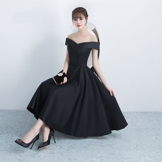 open lace back dress Off Shoulder Ruffle Pleat Waist Cocktail Dress  Aisize