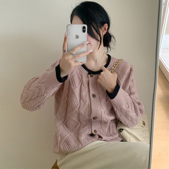 Sienne-Round Neck Contrast Trim Cable Knit Cardigan