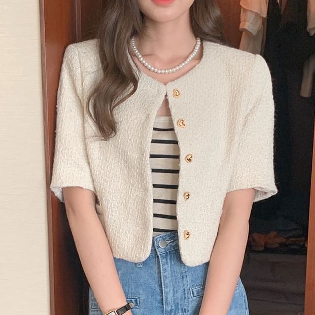 Coris-Crewneck Button-Up Tweed Crop Jacket