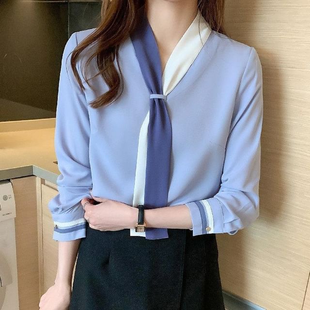 Sienne-Long Sleeve V-Neck Color Block Blouse