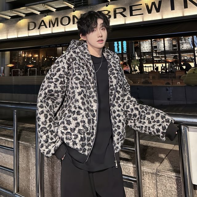 Orungeetun-Leopard Patterned Hood Fleece Zip Jacket