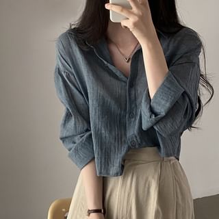Areumdaun Long Sleeve Collared Plain Shirt