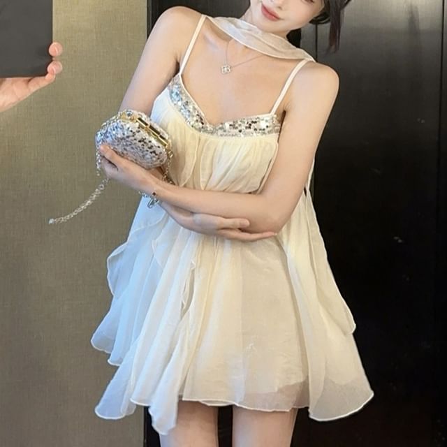 Magma-Spaghetti Strap Sequin Ruffle Trim Mini A-Line Dress