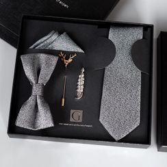 Prodigy - 套装: 纯色领带 + 领结 + 口袋巾 + 小鹿领针 + 领带夹