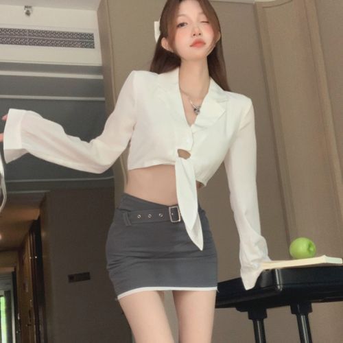 homlic - Long-Sleeve Notch Lapel Plain Knot Cropped Blouse / High Waist  Mini Pencil Skirt