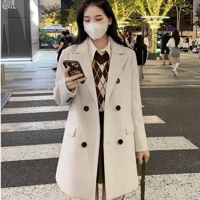 Sienne-Peak Lapel Plain Double-Breasted Long Coat