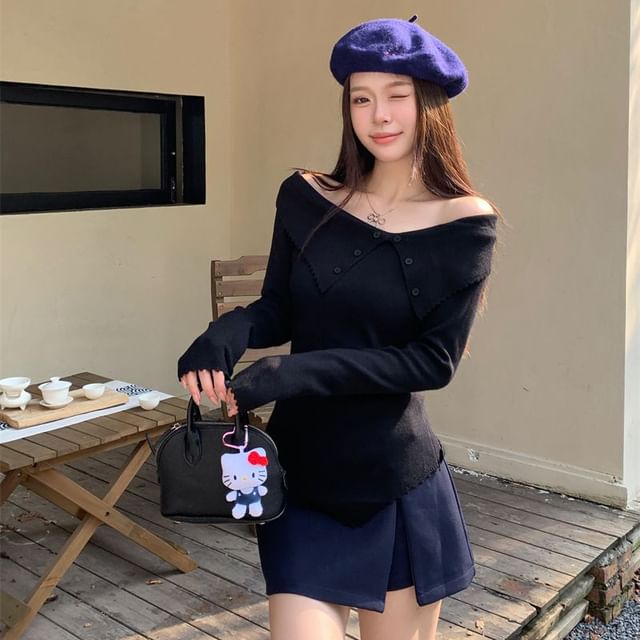 OGAWA-Long Sleeve Off Shoulder Plain Button Knit Top