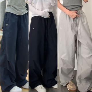 evanesce-Drawstring Waist Plain Baggy Parachute Pants