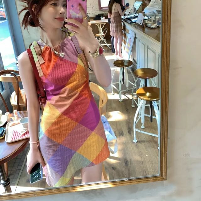 Lady Jean-Halter Plaid Mini Sheath Dress