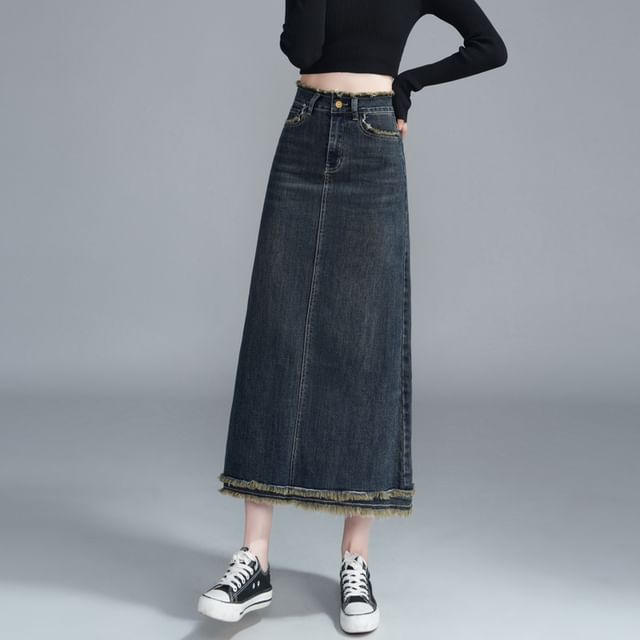 Klevy - High Rise Washed Tassel Trim Midi A-Line Denim Skirt | YesStyle