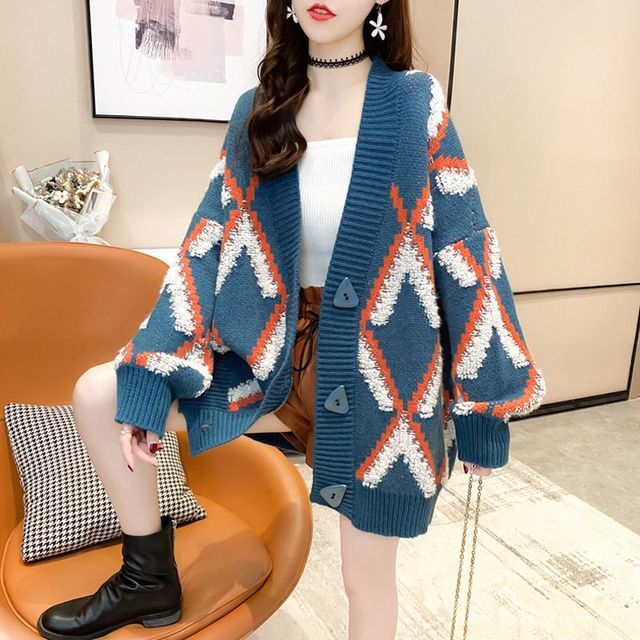 Everose-V-Neck Jacquard Cardigan