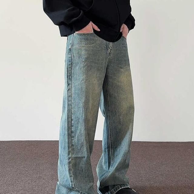 Adothuiastic-Mid Rise Washed Loose Fit Jeans