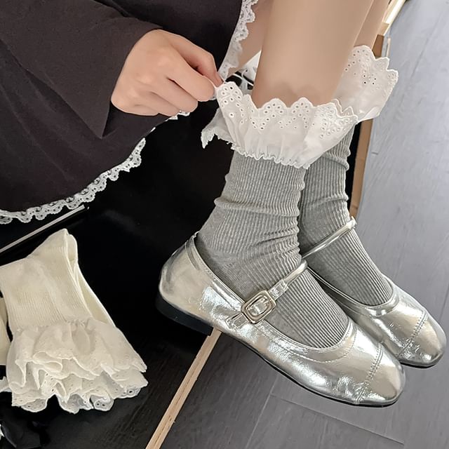 Mimiyu-Eyelet Lace Ruffle Trim Socks Set