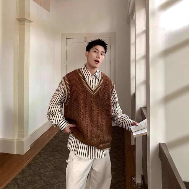 Neonity Wear - V-Neck Cable Knit Sweater Vest | YesStyle