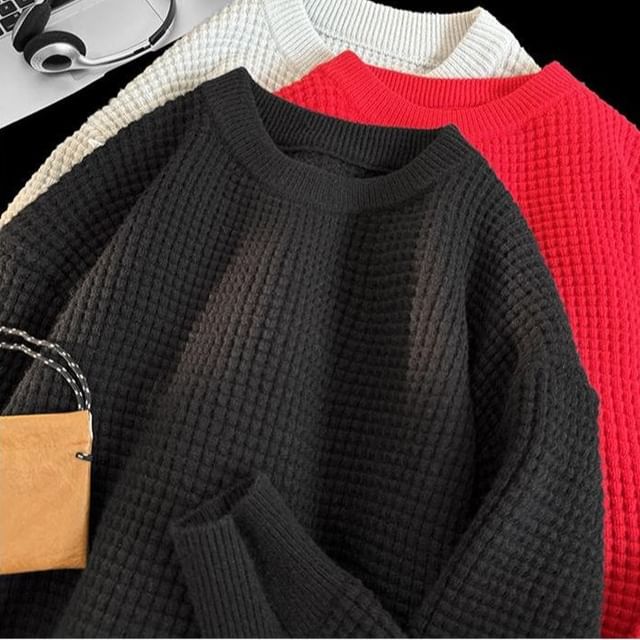 Kimeya-Crewneck Waffle Plain Sweater