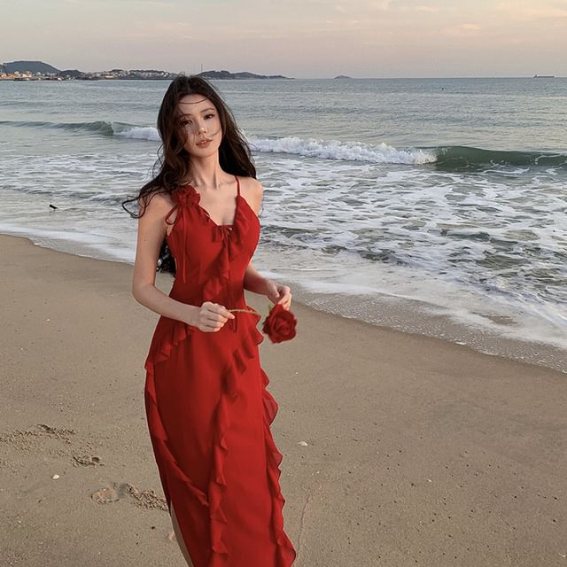 Fioridi-Spaghetti Strap Plain Ruffle Maxi Sundress