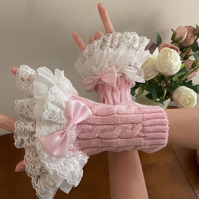 Maisee-Plain Lace Trim Cable-Knit Arm Sleeves