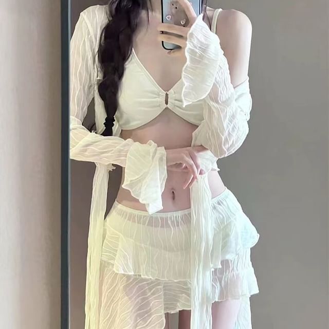 CUCURBIT-Set Plain Bikini Sheer Ruffle Top Swim Skirt