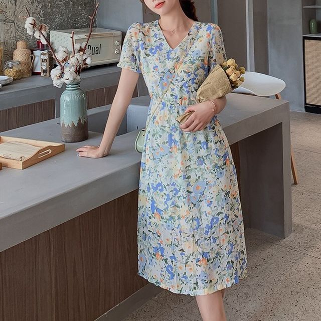 knee length dresses for ladies Blue Floral Midi Summer Dress with Short Puff Sleeves– PromGirl