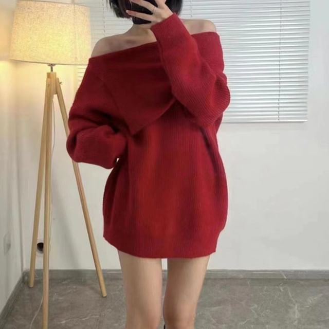 INEN-Off Shoulder Plain Sweater