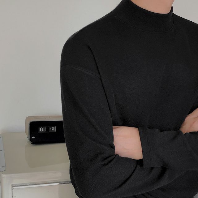 MRCYC-Long-Sleeve Mock Neck Plain T-Shirt