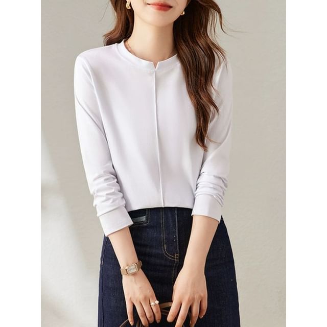 Jeonseon-Long-Sleeve Notch Neck Plain Tee
