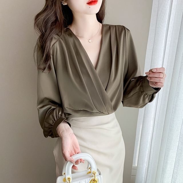 Sienne-Long-Sleeve V-Neck Plain Blouse