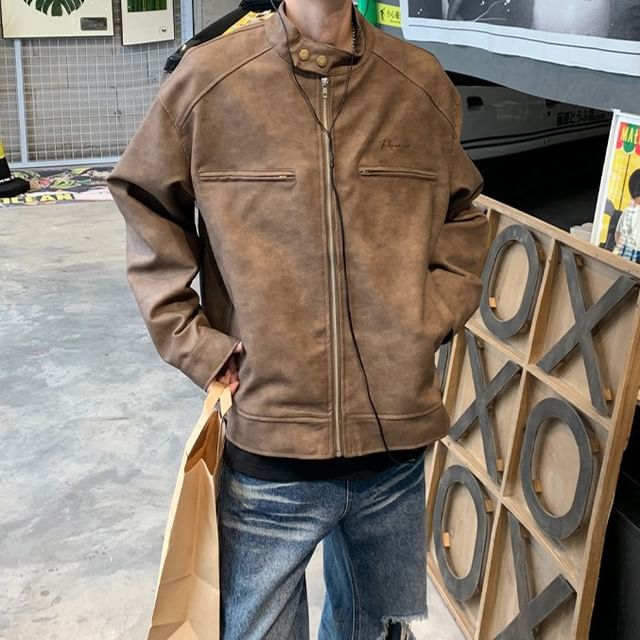 Omozando-Faux Leather Zip-Up Jacket