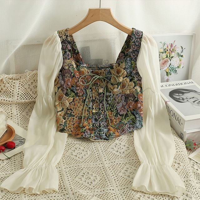 Lemongrass-Two-Tone Embroidered Crop Top