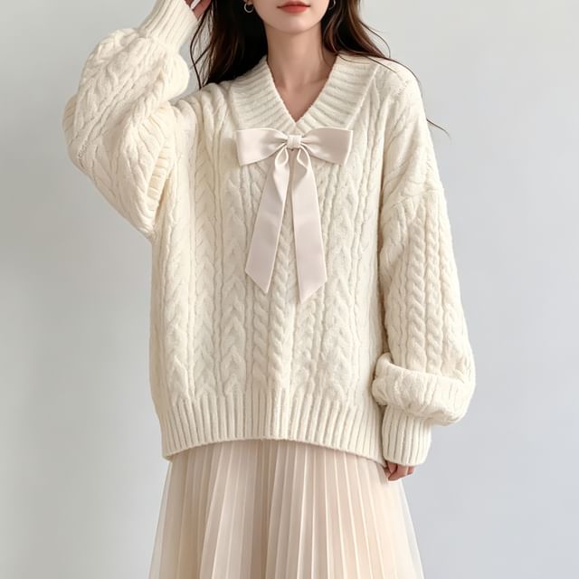 Sisyphi-V-Neck Bow Cable Knit Sweater