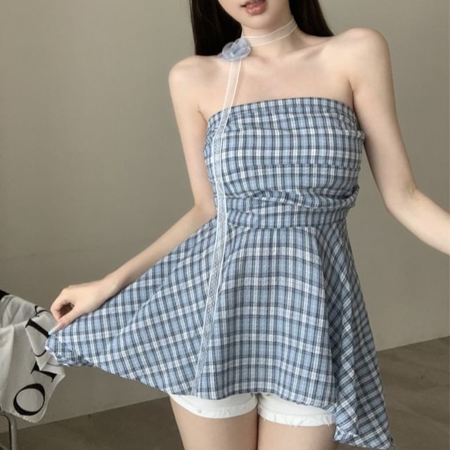 KUMI-Plaid Ruched Flowy Tube Top