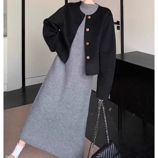 Trendycas-Crew Neck Plain Button-Up Jacket Mock Neck Midi Sweater Dress