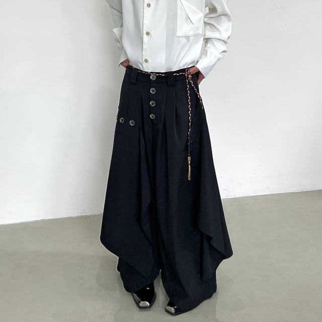 DragonRoad-Mid Rise Plain Asymmetrical Button Fly Wide Leg Pants