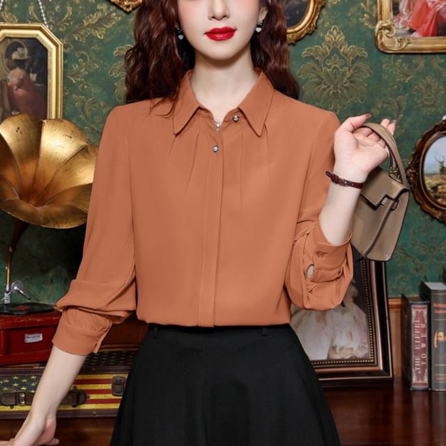 Dragan Pulse-Long-Sleeve Collared Plain Faux Pearl Buttoned Blouse