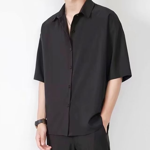 Urtishia-Elbow-Sleeve Plain Button-Up Shirt
