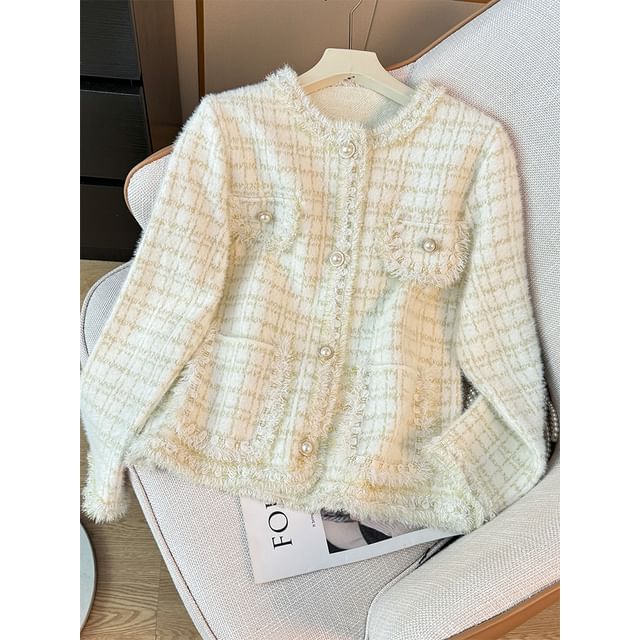 Lemongrass-Pearl-Button Crew-Neck Tweed Jacket
