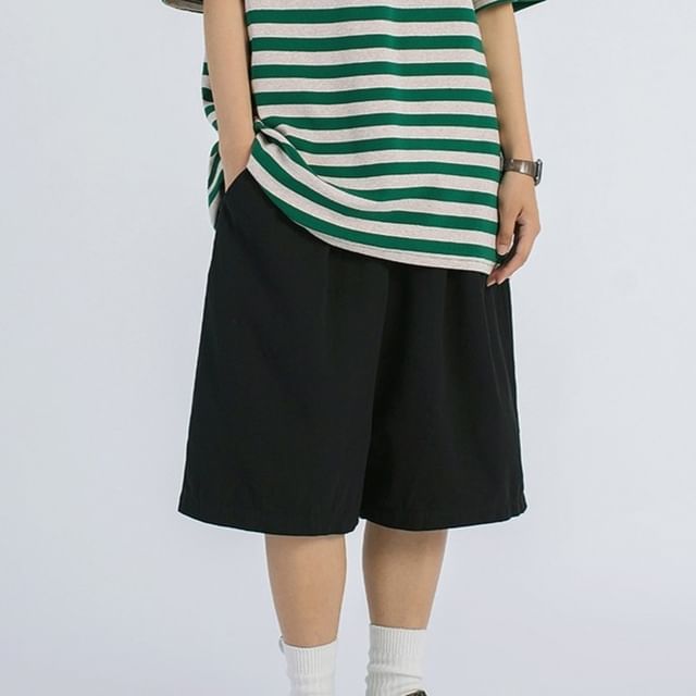 Shineon Studio-Elastic Waist Plain Bermuda Shorts