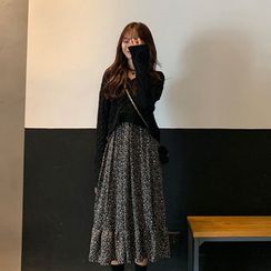Apotheosis - Set: Cropped Cable Knit Sweater + Floral Print Long-Sleeve A-Line Midi Dress Apotheosis - Set: Cropped Cable Knit Sweater + Floral Print Long-Sleeve A-Line Midi Dress