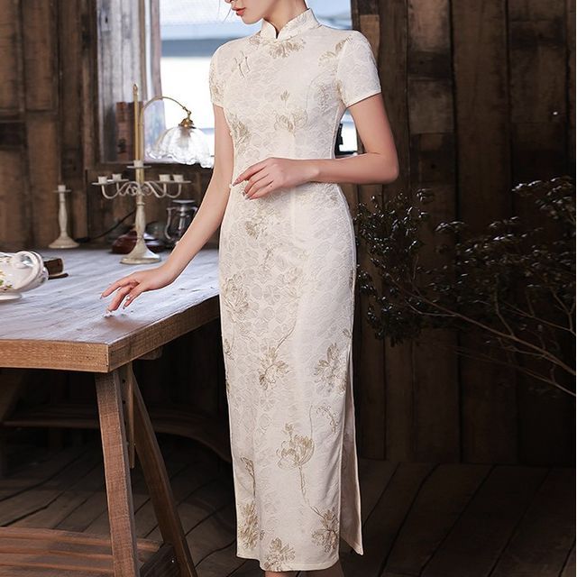 Golden Flowers - Short-Sleeve Floral Midi Qipao | YesStyle