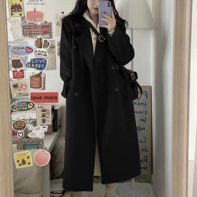 Everose-Double Breasted Plain Long Coat