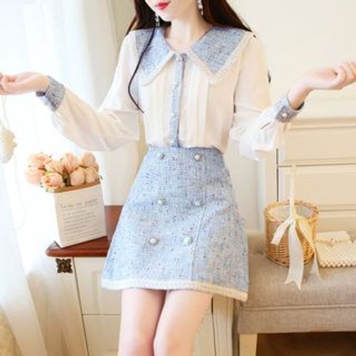 Petit Lace - Set: Long-Sleeve Blouse + Mini Tweed Skirt | YesStyle