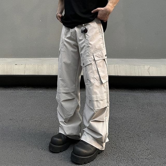 Nightbell-High Waist Plain Wide Leg Cargo Pants