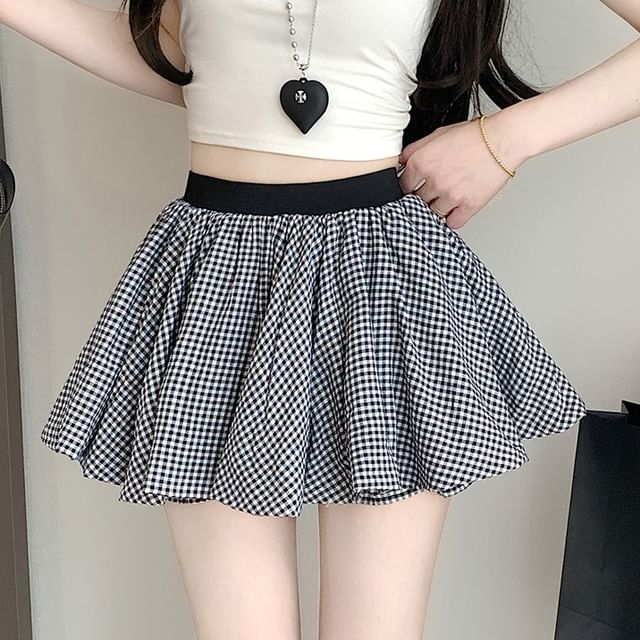 Leoom-High Waist Plaid Mini A-Line Skort