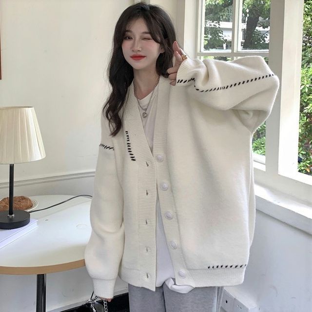 Contrast Stitch V-Neck Cardigan 
