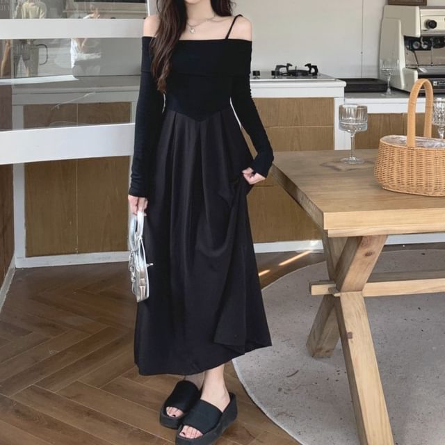 Cloud Nine - Long-Sleeve Cold-Shoulder Plain Midi A-Line Dress | YesStyle