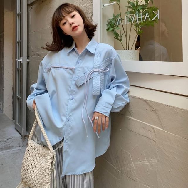 Iduna-Long-Sleeve Stand Collar Plain Shirt
