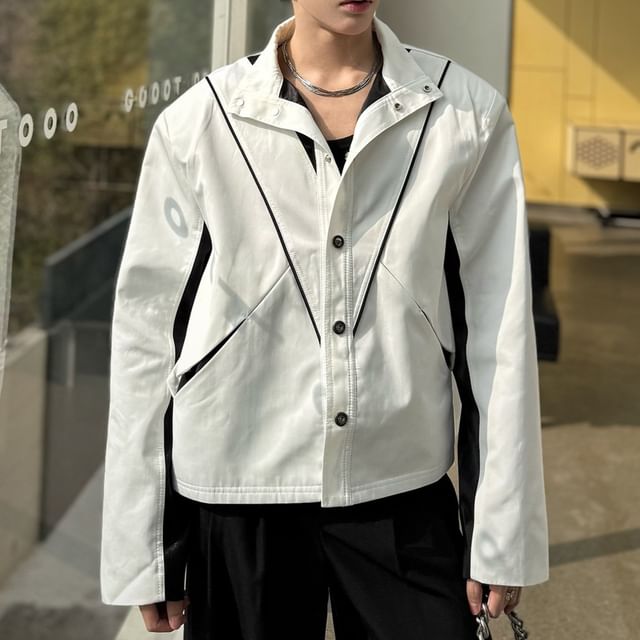 Omozando-Stand Collar Two Tone Button Up Jacket