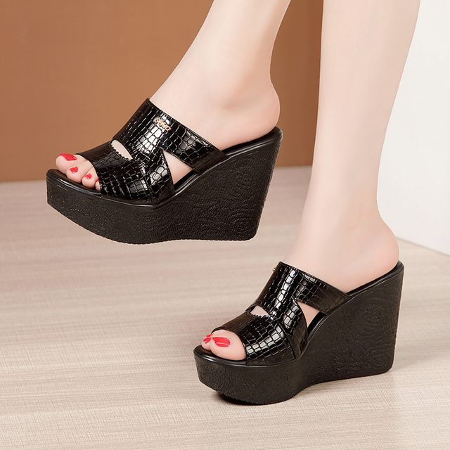 Wedge Croc High Heels Obelie Croc Grain Wedge-Heel Sandals YesStyle