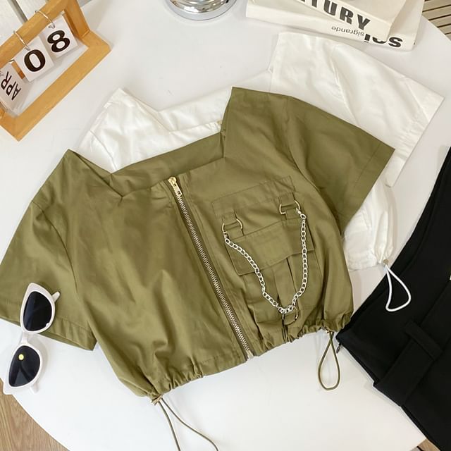 Iasia-Short Sleeve Square Neck Plain Drawstring Zip Crop Cargo Top